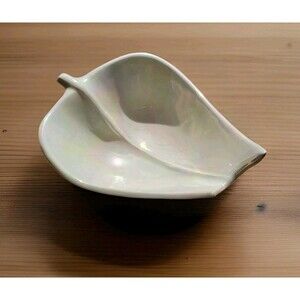 Leaf-Shaped Candy Bowl Pearlescent White Ceramic Dish Cal Style Pottery USA 2232